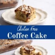piece of gluten free cinnamon coffee cake on a plate with a bite missing, alongside a 9x13-inch baking pan with a vanilla glaze drizzle.