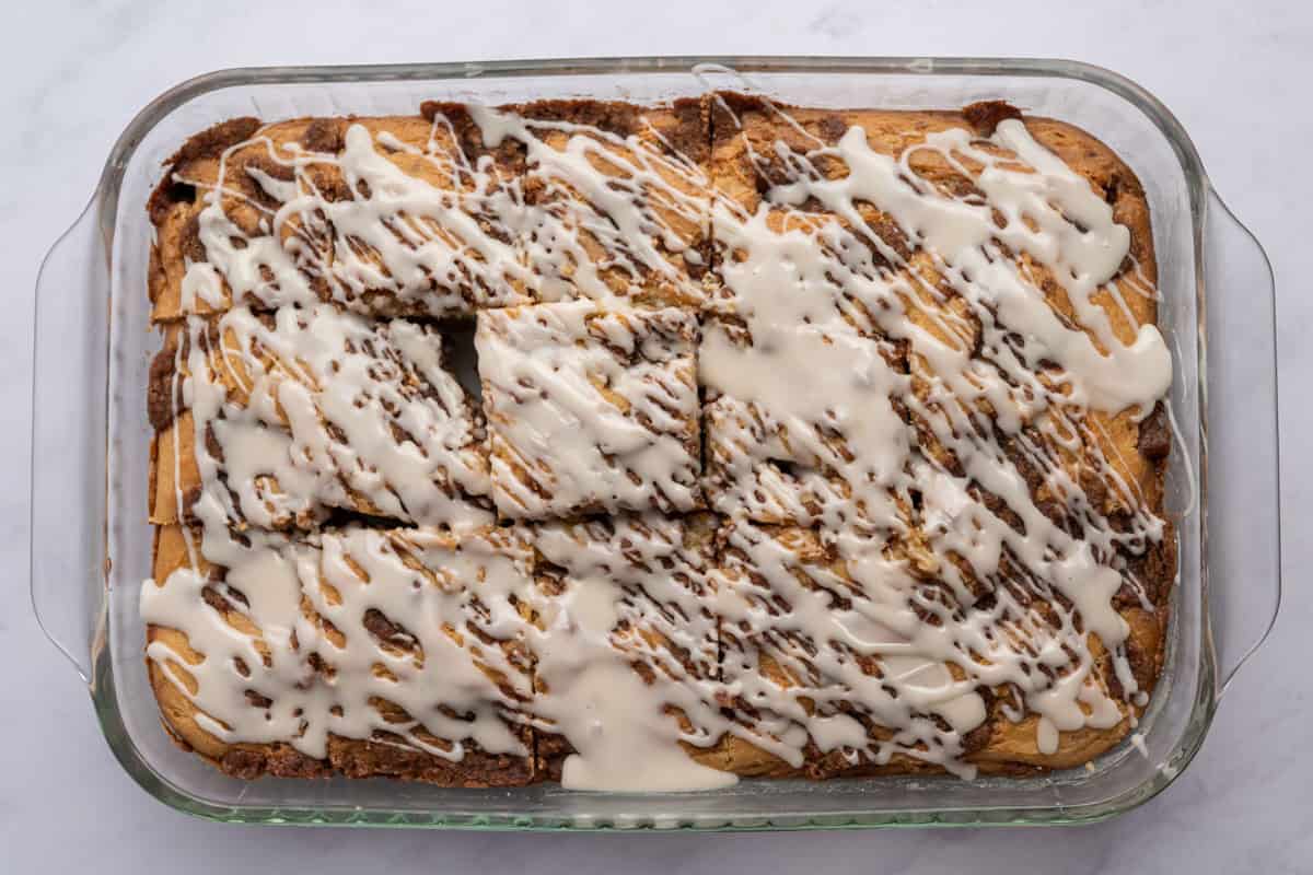 glazed cinnamon coffee cake in a 9x13-inch baking pan.