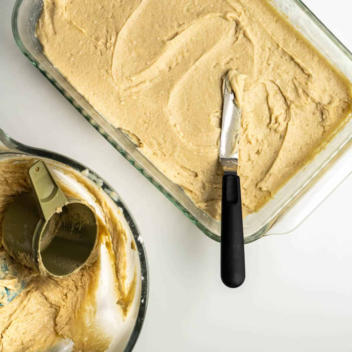 half of the cake batter in a 9x13-inch pan.