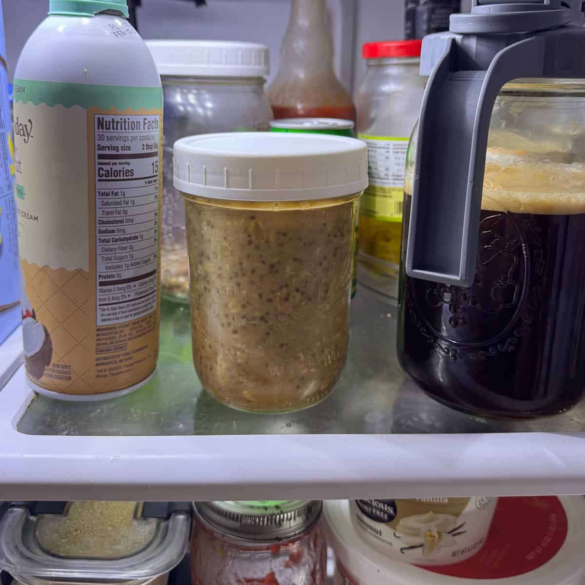 jar of overnight oats in the refrigerator.