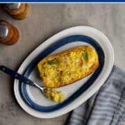 half of a spaghetti squash cooked and shredded into strands with garlic oil, parm cheese, butter and fresh basil.